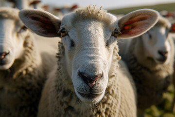 Happy sheep roaming free on farm meadow. Farm animal welfare and care. Generative Ai