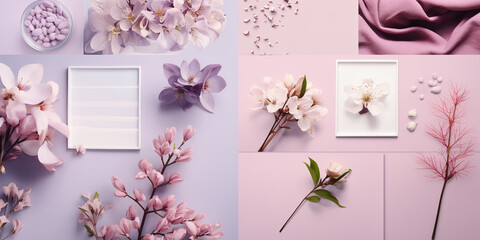 spring mockup, collage with blooming flowers in lilac tones, for product presentation, wallpaper, background
