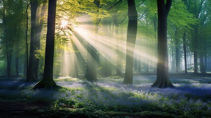 Obraz premium Misty Bluebell Wood at Dawn - AI Generated