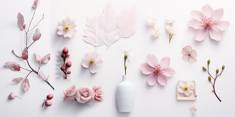 spring set of flowers, petals, twigs, buds, leaves on a neutral background, banner, wallpaper, background