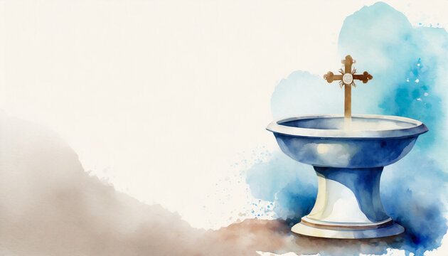 Minimalist illustration of a baptismal font, watercolor art style, copy space on a side