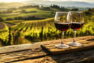 Glass of wine on wooden board with Tuscany and italian vineyards in background. Generative AI.