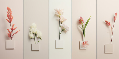 spring-summer collage of different flowers in gentle colors arranged in a row, background, presentation, product demonstration, spring background for your desktop