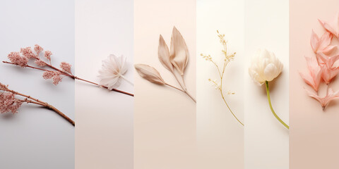 spring-summer collage of different flowers in gentle colors arranged in a row, background, presentation, product demonstration, spring background for your desktop - obrazy, fototapety, plakaty
