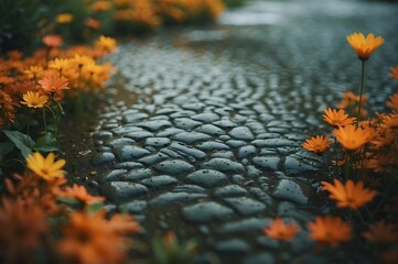 Whimsical Journey, A Cobbled Path Awash in Golden Blooms Leading the Way
