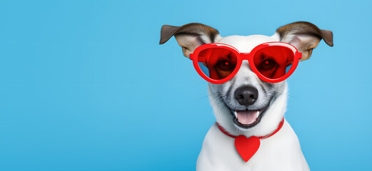 beautiful dog with heart shaped collar and red glasses on valentine