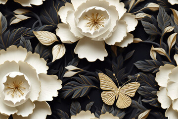 porcelain flowers peonies with butterflies with gilding, 3D texture - obrazy, fototapety, plakaty