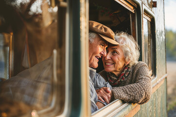 Elderly retired couple traveling in a train