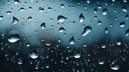 Fresh water drops after raining on blue glass window background . Abstract wet raindrops dripping down from the window glass