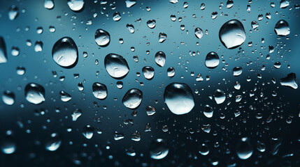 Fresh water drops after raining on blue glass window background . Abstract wet raindrops dripping down from the window glass