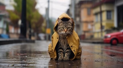 Stray cat in a street on rainy day. setting should be sad and gloomy, in the middle of a small town.