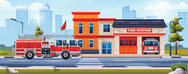 Fire station building with fire trucks on cityscape background. Vector cartoon illustration - obrazy, fototapety, plakaty