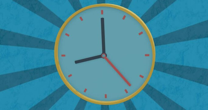 Animation of 3d yellow clock icon rotating over radial stripes on blue background