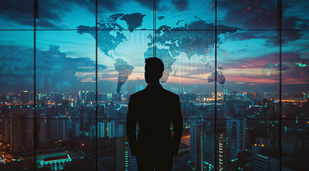 Fototapeta na wymiar Confident business manager executive overlooking financial center from corporate office