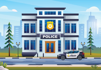 Police station building with patrol car and city landscape. Vector cartoon illustration © YG Studio