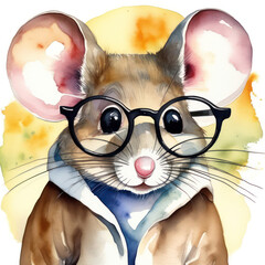 Cute watercolor mouse with black oversized eyeglasses