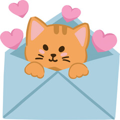 cat with heart in a love letter. cute animal doodle art. funny cat.
