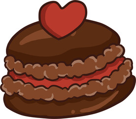 chocolate macaron with heart ontop isolated on white