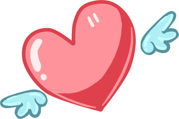 Pink heart with wings.heart with wings, cute cartoon doodle art. Celebration and Happy Valentine's Day. 