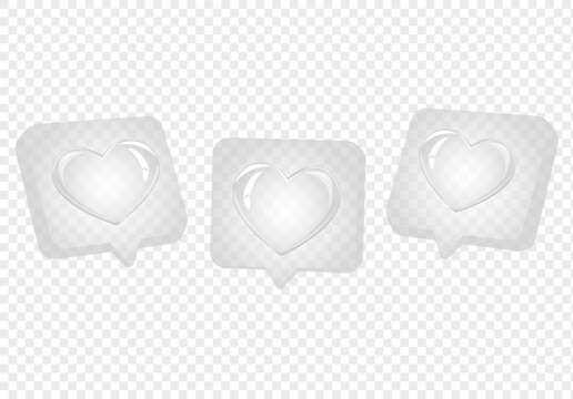 Transparent  heart textbox, Love icon, social media emoji, sticker reaction.Set of heart in speech bubble icon. 3d vector illustration