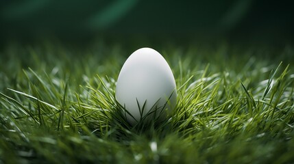 Fresh white egg nestled in vibrant green grass - natural, organic farming concept
