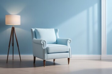 Classic-style cozy interior with blue walls,comfortable armchair and lamp.