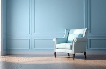 Classic style cozy interior with blue walls adorned with stucco, molding and armchair.