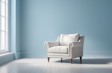 cozy space with comfortable armchair in classical style. Interior design with blue walls