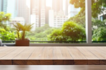 Wooden table with blurred modern living room blur background.
