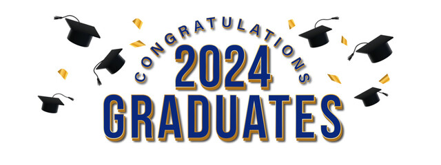 2024 Congratulations Graduates in Blue and Gold. Confetti and Thrown Graduation Caps Surround Text. Graduation Banner Design