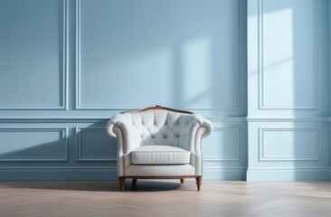 cozy classic-style interior. serene blue walls with stucco, molding and comfortable armchair.