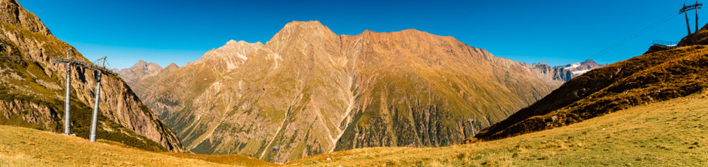 Fototapeta premium High resolution stitched alpine summer panorama at Lake Rifflsee, Mandarfen, Imst, Tyrol, Austria