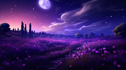 Fototapeta premium Moonlit Lavender Field and Starry Sky - AI Generated