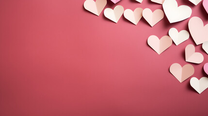 Many pink paper hearts on an empty sheet copy space.