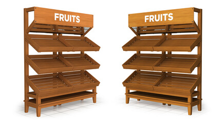 Supermarket wooden display stand with shelves for fruits. 3d illustration isolated on white
