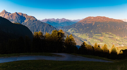 High resolution stitched alpine summer sunrise panorama at Mount Sechszeiger, Pitztal valley, Jerzens, Imst, Tyrol, Austria