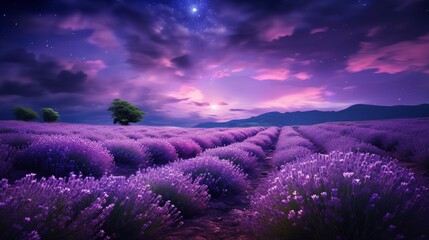 Moonlit Lavender Field and Starry Sky - AI Generated