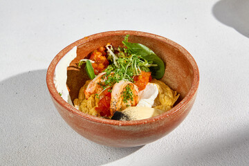 Scrambled omelet with shrimp, tomato salsa, and cheese mousse in a rustic bowl, a fusion of textures and flavors