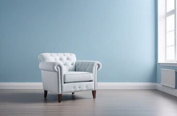 interior design. comforting armchair in cozy room with blue walls in classical style