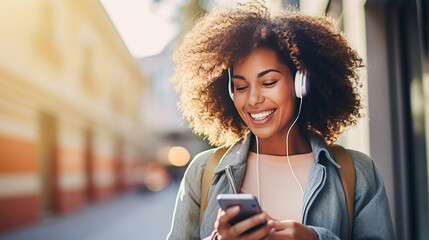 Young mixed race woman smiling happy using smartphone and headphones at the city. - obrazy, fototapety, plakaty