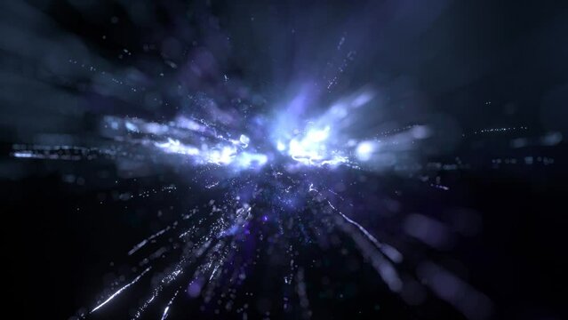3d render of abstract art video animation with surreal splash explosion fireworks based on small glowing sparkling particles in white and blue color on black background with depth of field effect