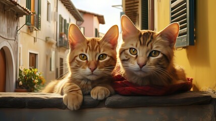 Illustration AI horizontal two orange cats lying relaxed on a street wall. Animals concept.