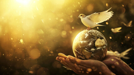 hands hold the globe on which sits a white dove symbolizing peace, harmony day, banner
