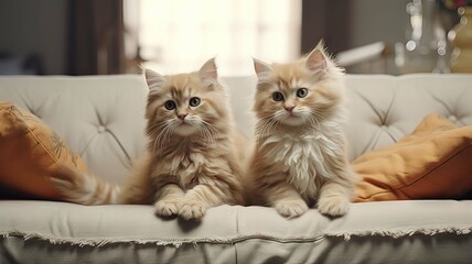 Horizontal AI illustration, two cats with long hair, lying and relaxing on the sofa. Animals concept