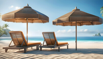 sun loungers under a beach umbrella overlooking the sea with copy space, ocean holiday concept,