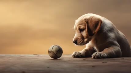 Horizontal AI illustration of a puppy dog playing with a ball. Copy space. Animals concept.