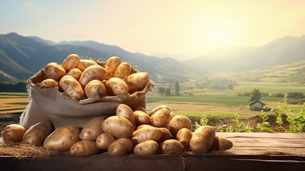 Fototapeta na wymiar Sacks and potatoes on the table with nature background