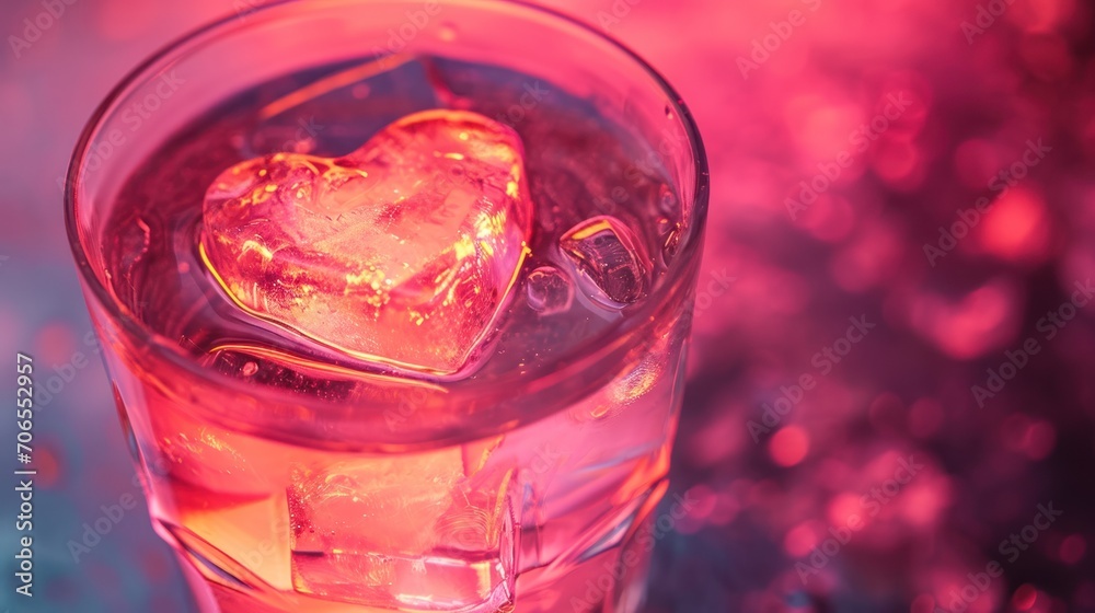 Wall mural a heart - shaped ice cube in a glass of water with ice cubes on a pink and blue background.