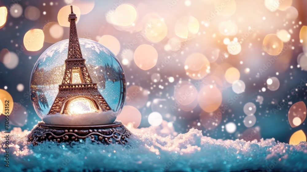 Poster  a snow globe with the eiffel tower in it in front of a boke of lights in the snow.