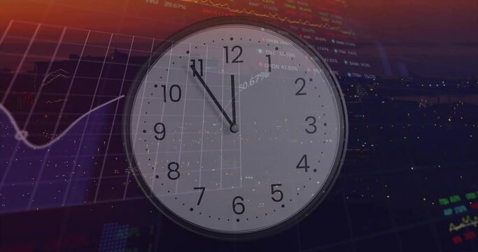 Animation of financial data processing over clock ticking